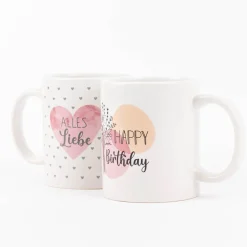 Tasse Happy Birthday oder Alles Liebe Porzellan weiß rosa orange 350ml
