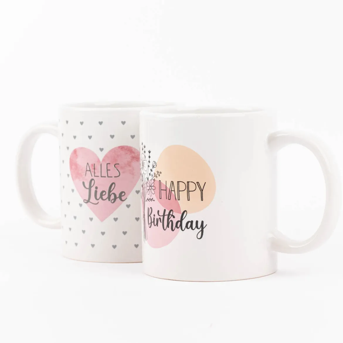 Tasse Happy Birthday oder Alles Liebe Porzellan weiß rosa orange 350ml