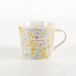 Tasse mit Goldveredelung "Guten Morgen" Blümchen gelb lila 420ml von Grafik Werkstatt