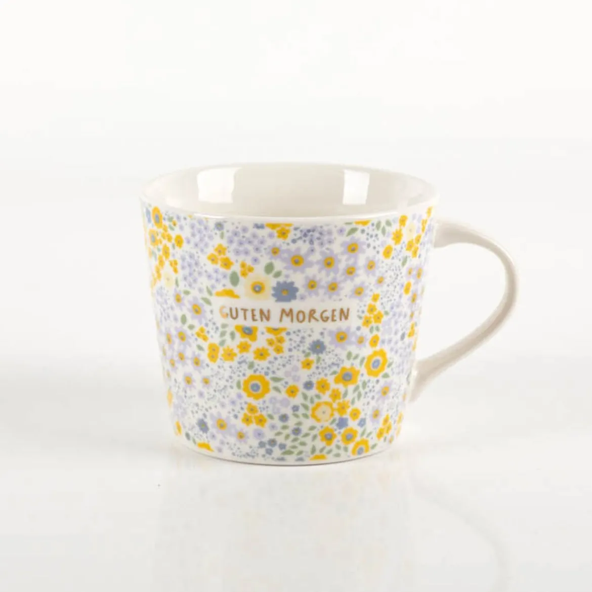 Tasse mit Goldveredelung "Guten Morgen" Blümchen gelb lila 420ml von Grafik Werkstatt