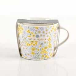 Tasse mit Goldveredelung "Guten Morgen" Blümchen gelb lila 420ml von Grafik Werkstatt