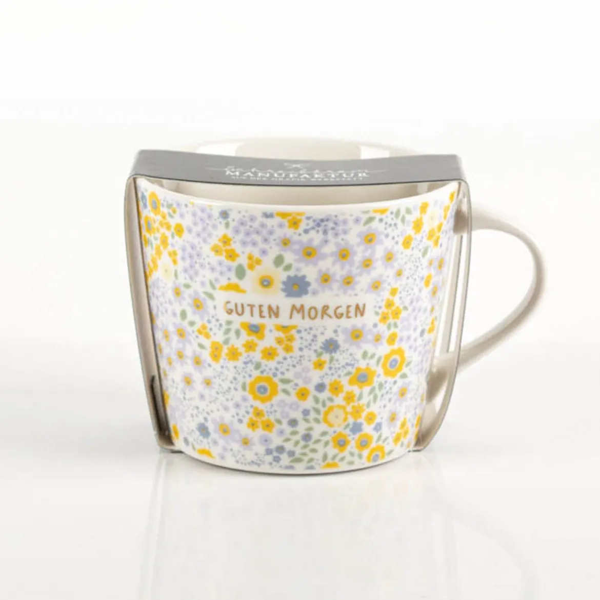 Tasse mit Goldveredelung "Guten Morgen" Blümchen gelb lila 420ml von Grafik Werkstatt
