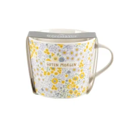 Tasse mit Goldveredelung "Guten Morgen" Blümchen gelb lila 420ml von Grafik Werkstatt