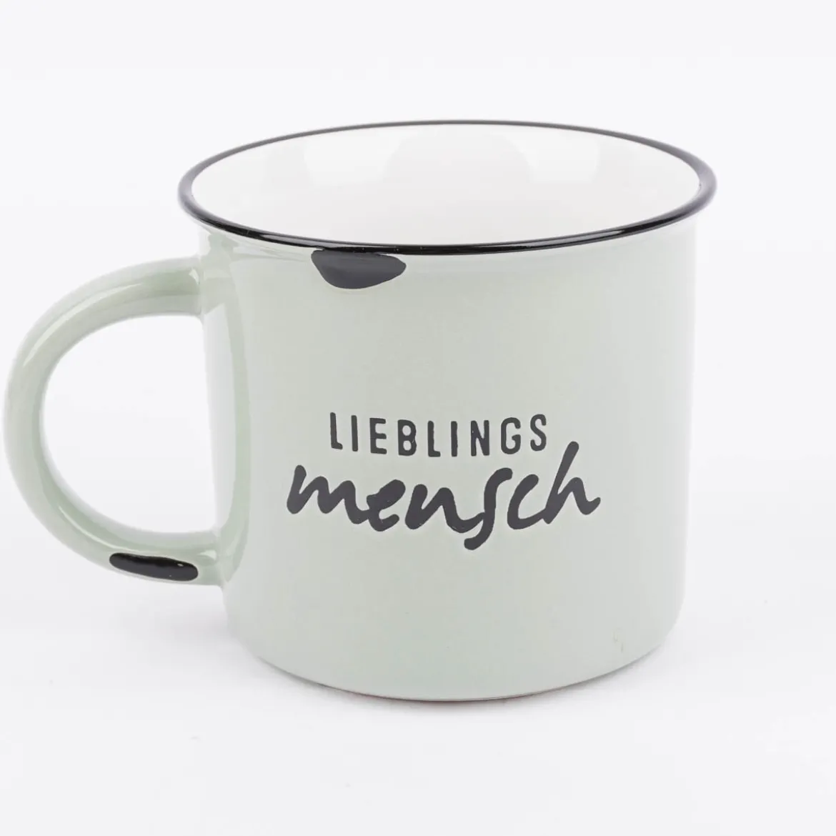 Tasse Vintage aus Keramik in Emaille-Optik Lieblingsmensch hellgrün schwarz 400ml von Grafik Werkstatt