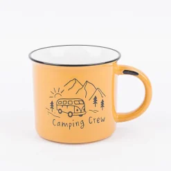Tasse Vintage aus Keramik in Emaille-Optik Camping Crew Camper Berge currygelb schwarz 400ml von Grafik Werkstatt
