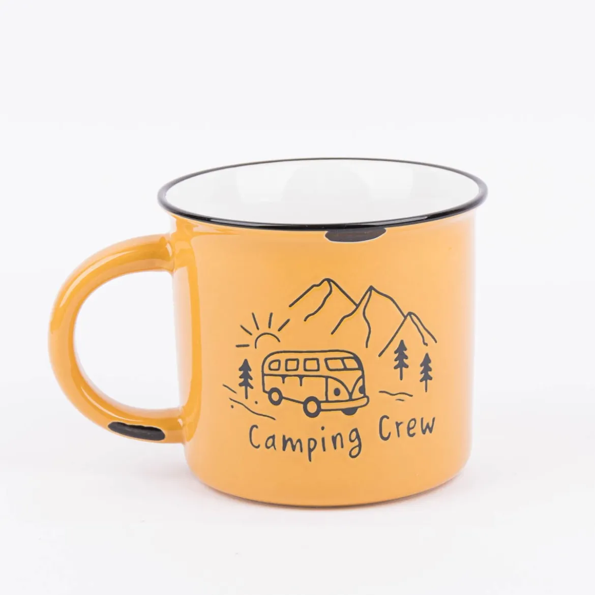 Tasse Vintage aus Keramik in Emaille-Optik Camping Crew Camper Berge currygelb schwarz 400ml von Grafik Werkstatt