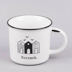 Tasse Vintage aus Keramik in Emaille-Optik Maritim Fernweh weiß schwarz 400ml von Grafik Werkstatt