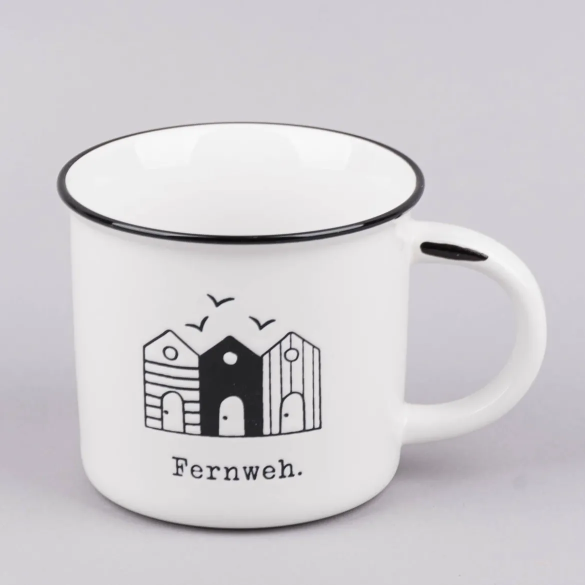 Tasse Vintage aus Keramik in Emaille-Optik Maritim Fernweh weiß schwarz 400ml von Grafik Werkstatt
