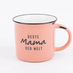 Tasse Vintage aus Keramik in Emaille-Optik Beste Mama der Welt lachsorange schwarz 400ml von Grafik Werkstatt