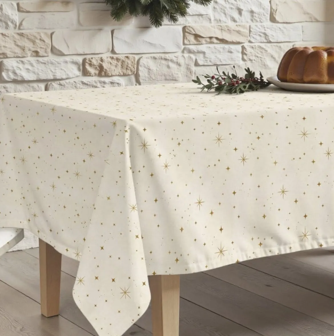 Tischdecke abwaschbar aus beschichteter Baumwolle Sterne natur gold 155 x 250 cm