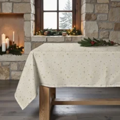 Tischdecke abwaschbar aus beschichteter Baumwolle Sterne natur gold 155 x 250 cm