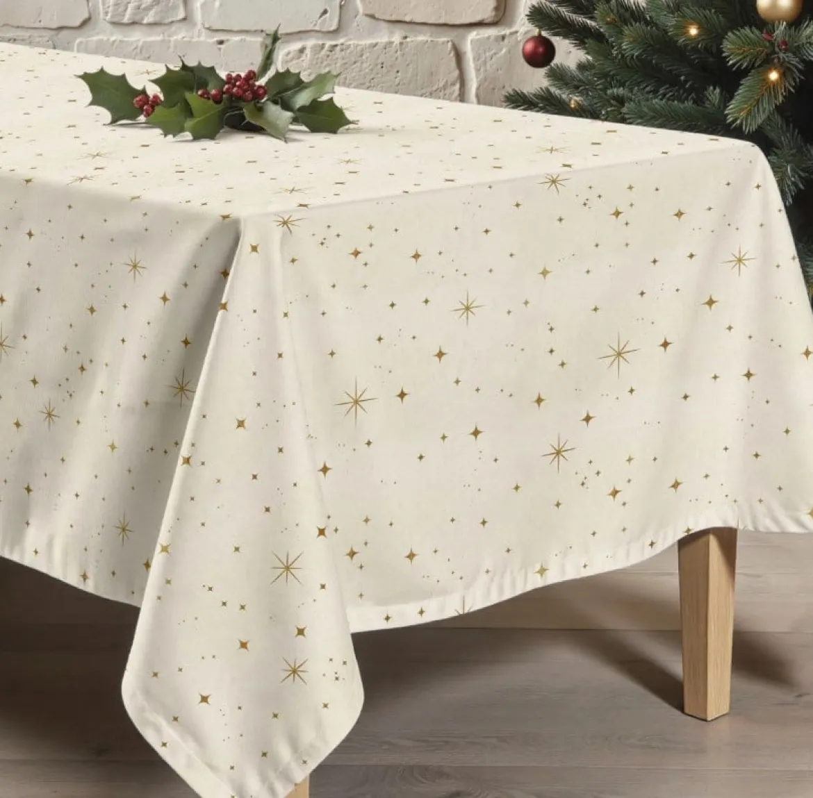 Tischdecke abwaschbar aus beschichteter Baumwolle Sterne natur gold 155 x 250 cm