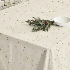 Tischdecke abwaschbar aus beschichteter Baumwolle Sterne natur gold 155 x 250 cm
