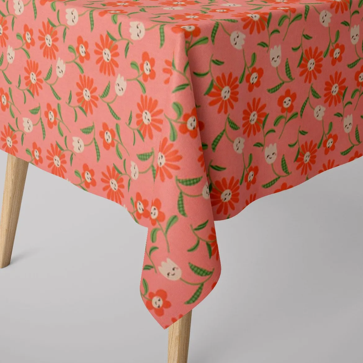 Tischdecke abwaschbar Enduit Blumen mit fröhlichen Gesichtern rosa div. Größen von SCHÖNER LEBEN.