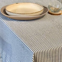 Tischdecke Gastro aus Baumwolle mit Fransenrand Streifen dunkelblau beige 140x180cm