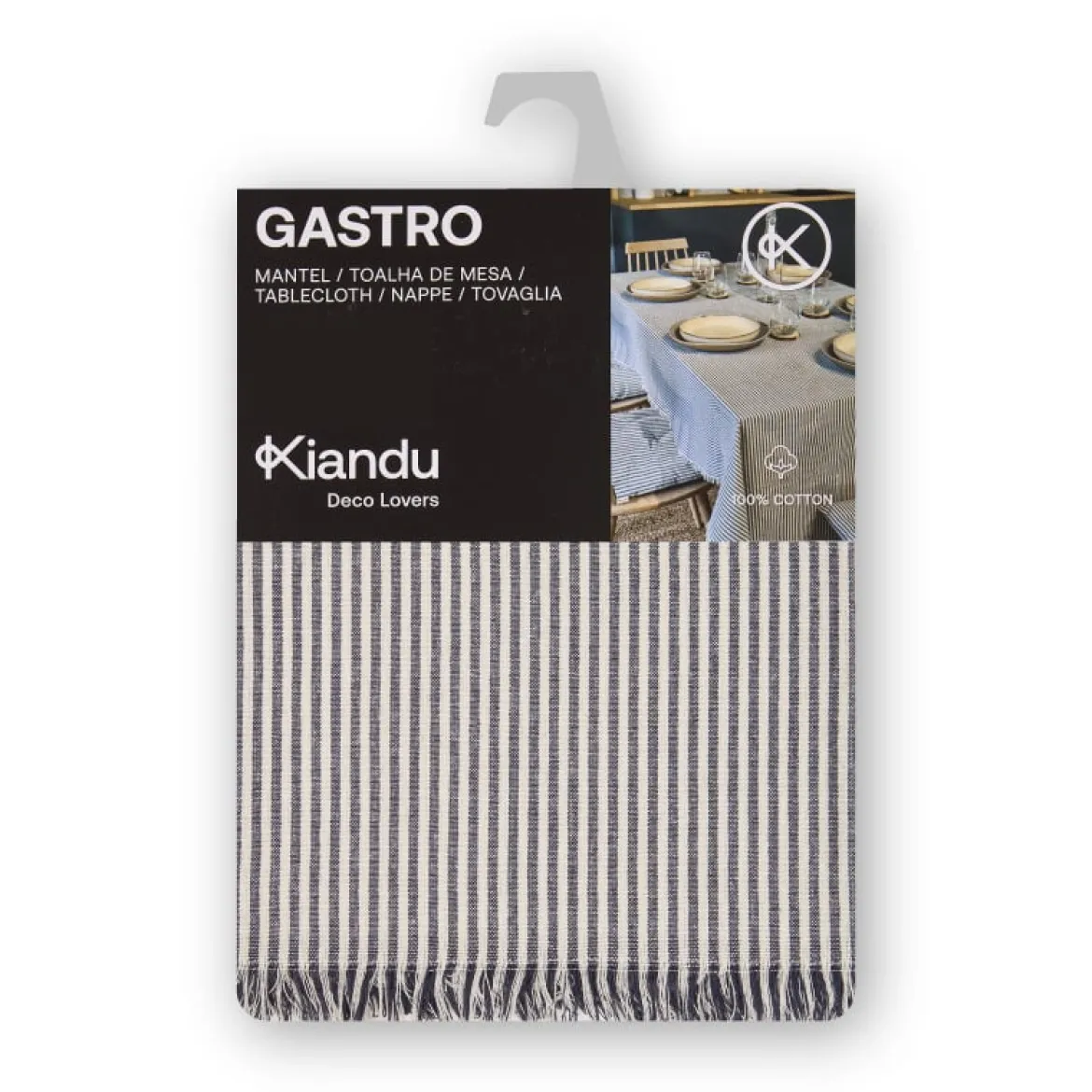 Tischdecke Gastro aus Baumwolle mit Fransenrand Streifen dunkelblau beige 140x180cm
