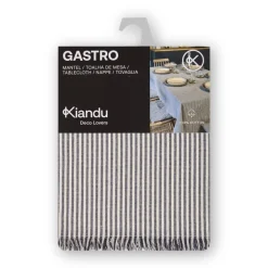 Tischdecke Gastro aus Baumwolle mit Fransenrand Streifen dunkelblau beige 140x240cm