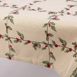 Tischdecke Gobelin Mistelzweige mit Beeren Gitter beige rot grün in versch. Größen von SCHÖNER LEBEN.