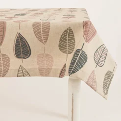 Tischdecke Halbpanama Leinenlook Scandi Retro Leaves Blätter natur rosa in versch. Größen von SCHÖNER LEBEN.