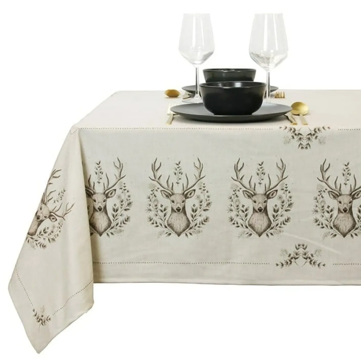 Tischdecke Hirsch Elias Landhaus natur pflegeleichte Mikrofaser 145x200cm