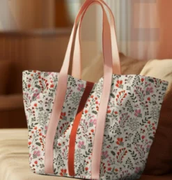 Tischdeckenstoff abwaschbar Canvas beschichtet Blumen Blätter natur orange rosa grün 1,48m Breite