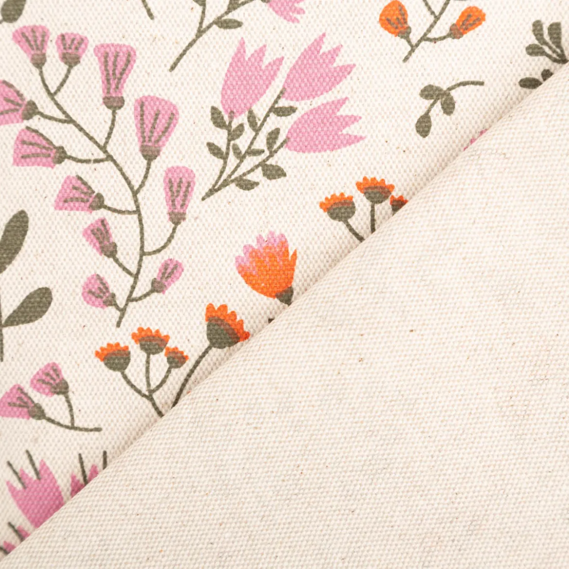 Tischdeckenstoff abwaschbar Canvas beschichtet Blumen Blätter natur orange rosa grün 1,48m Breite