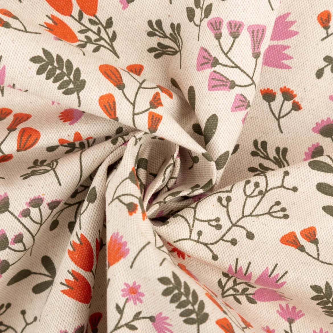 Tischdeckenstoff abwaschbar Canvas beschichtet Blumen Blätter natur orange rosa grün 1,48m Breite
