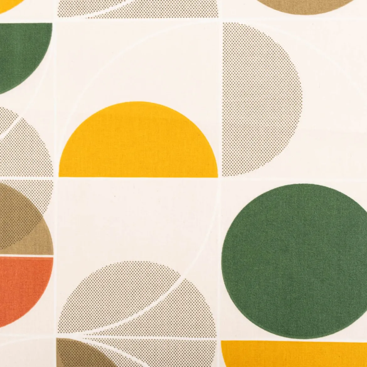 Tischdeckenstoff abwaschbar Baumwollstoff beschichtet Joris Retro Kreise ecru grün orange gelb grau 1,55m Stoffbreite
