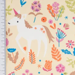 Tischdeckenstoff abwaschbar Baumwollstoff beschichtet JOLICORN Einhorn Blumen gelb bunt 1,45m Breite