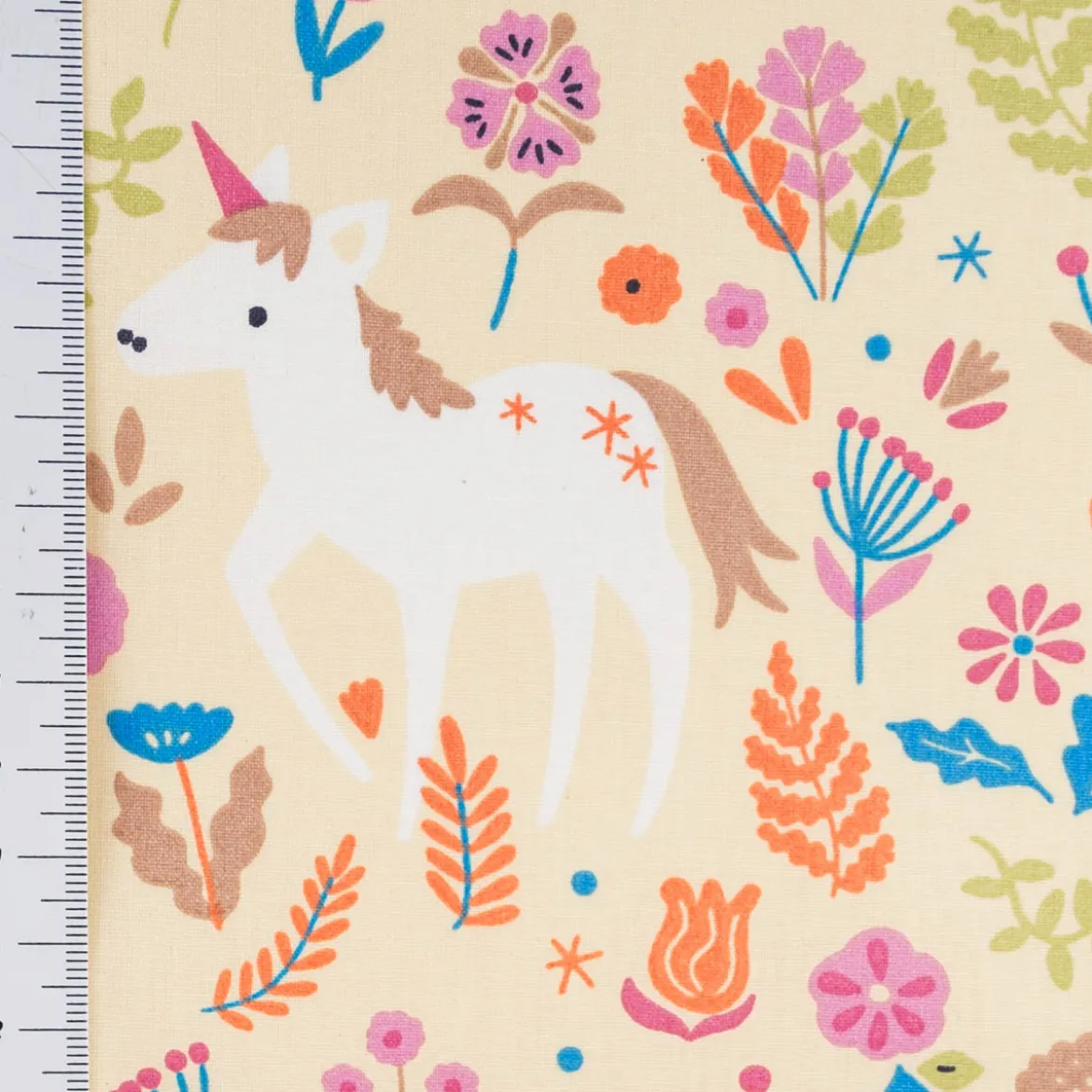 Tischdeckenstoff abwaschbar Baumwollstoff beschichtet JOLICORN Einhorn Blumen gelb bunt 1,45m Breite