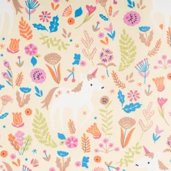 Tischdeckenstoff abwaschbar Baumwollstoff beschichtet JOLICORN Einhorn Blumen gelb bunt 1,45m Breite