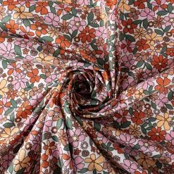 Tischdeckenstoff abwaschbar Baumwollstoff beschichtet Enduit Josette Blumen weiß orange 1,45m Breite