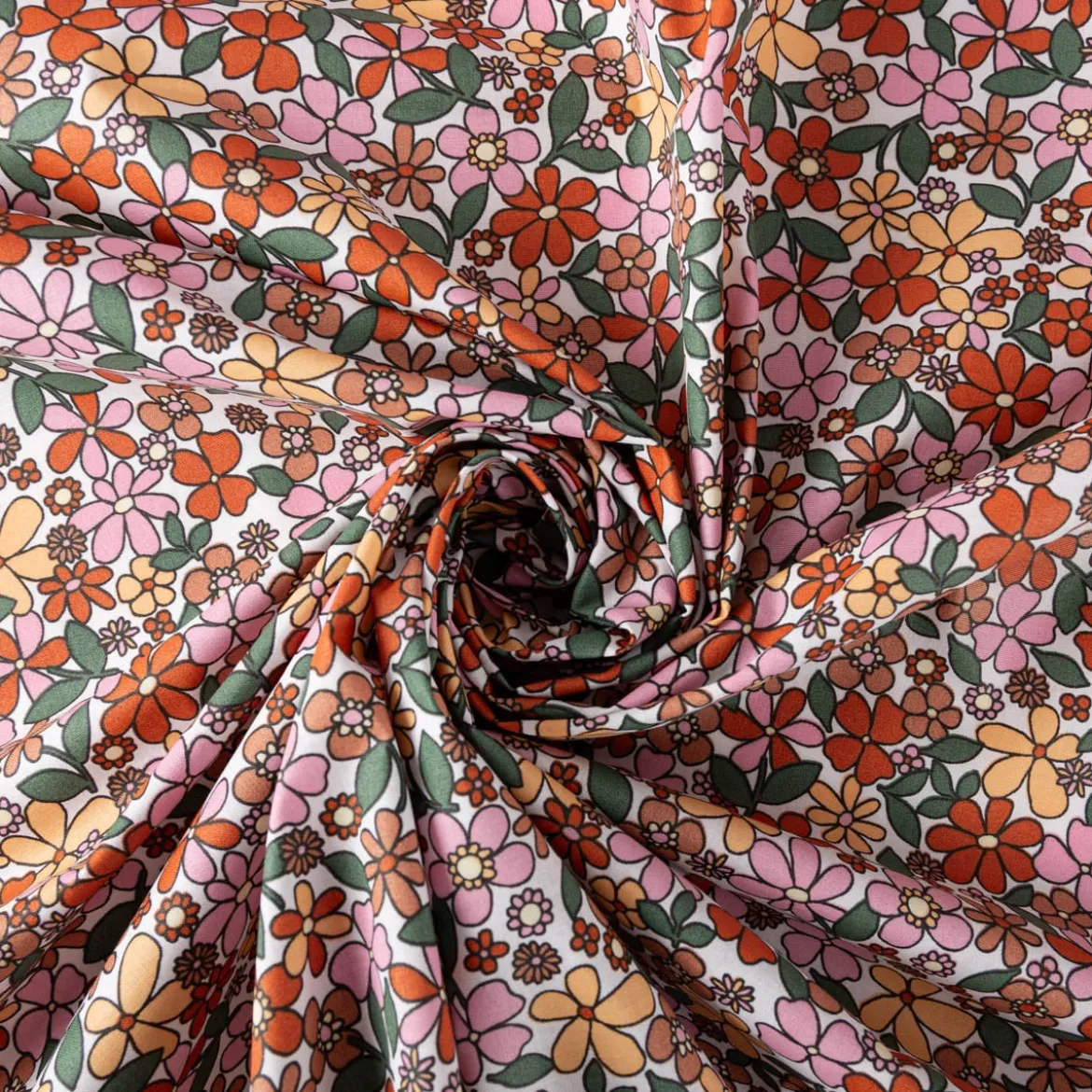 Tischdeckenstoff abwaschbar Baumwollstoff beschichtet Enduit Josette Blumen weiß orange 1,45m Breite