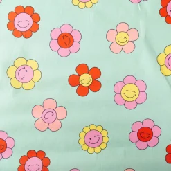Tischdeckenstoff abwaschbar Baumwollstoff beschichtet HAPPY FLOWERS lachende Blumen mint grün rosa gelb 1,45m Breite