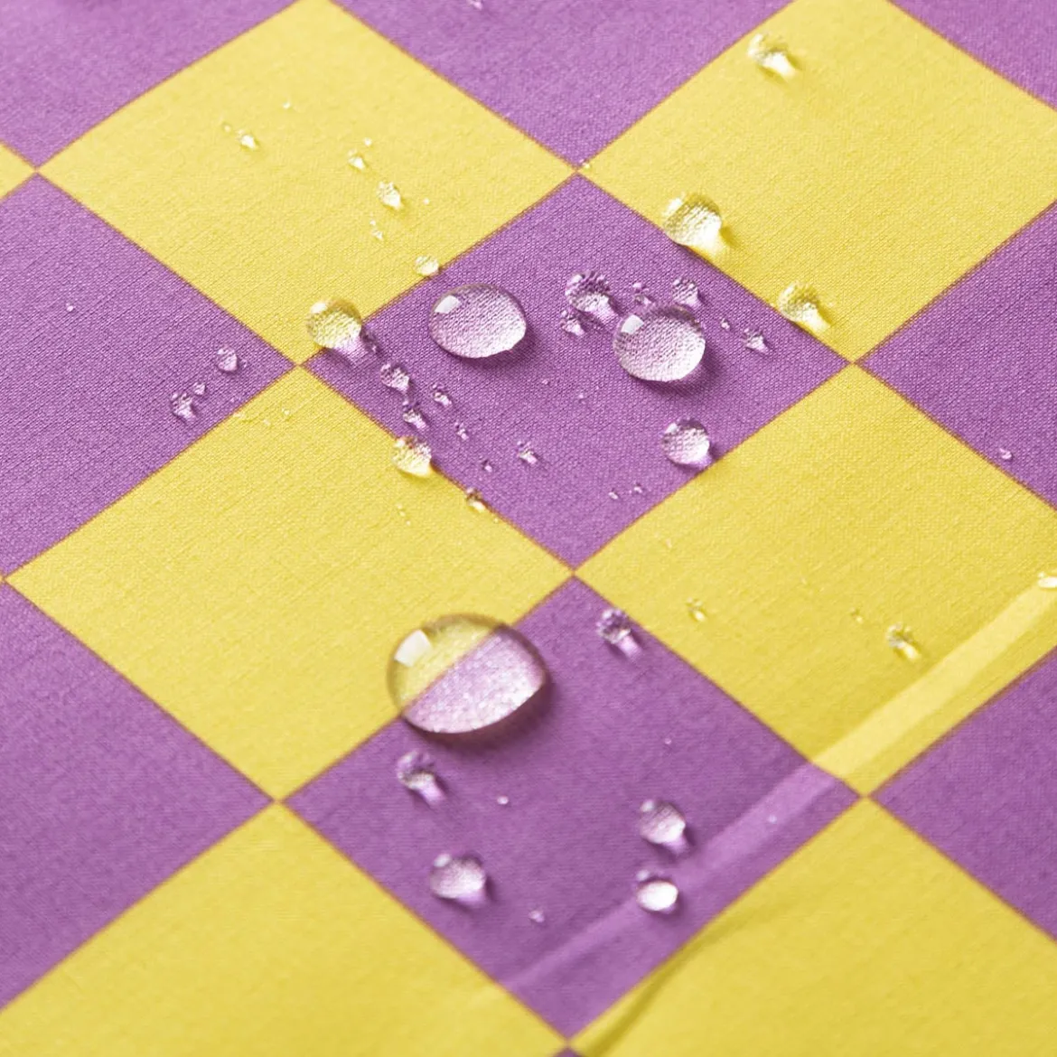 Tischdeckenstoff abwaschbar Baumwollstoff beschichtet Karo Kästchen gelb violett 1,45m Breite