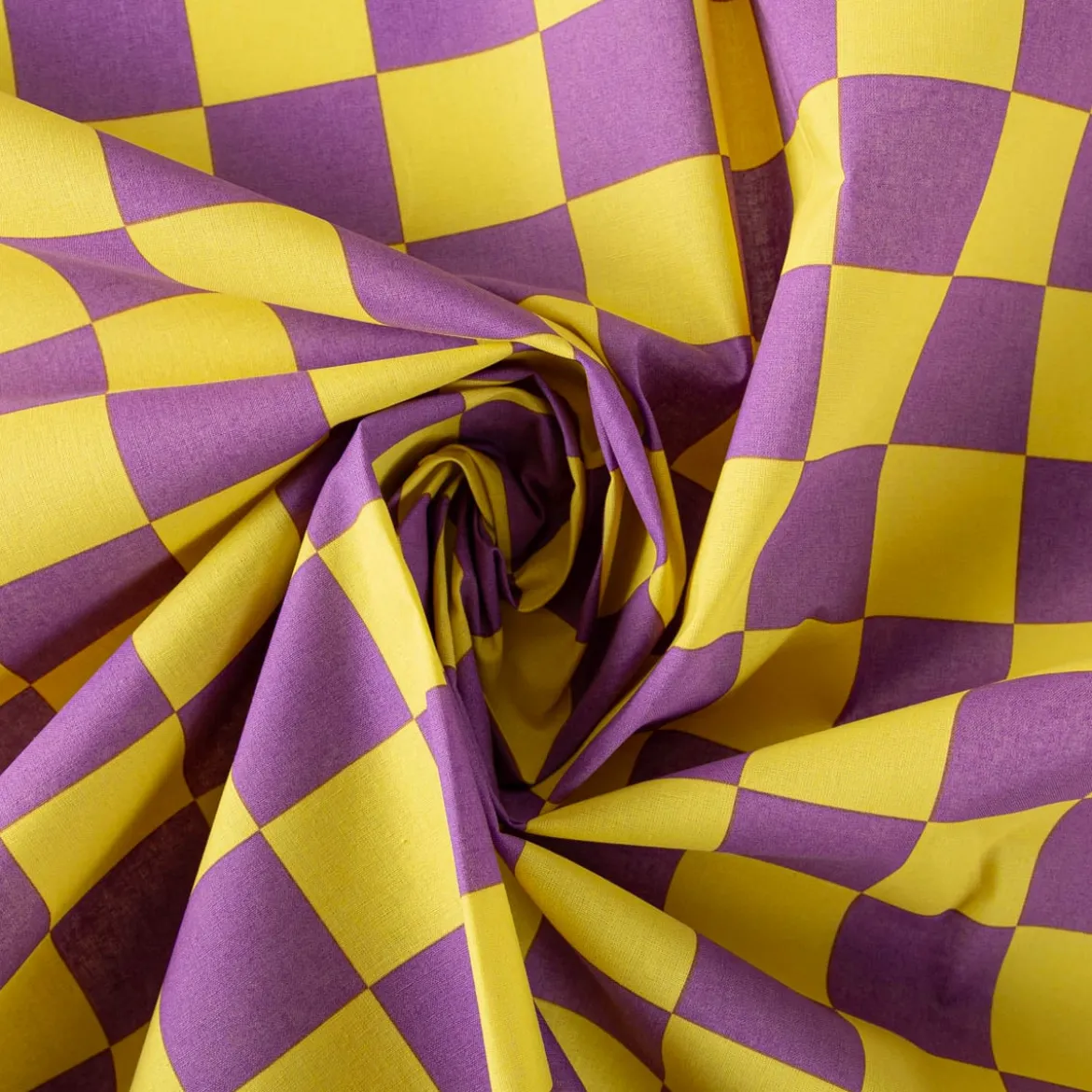 Tischdeckenstoff abwaschbar Baumwollstoff beschichtet Karo Kästchen gelb violett 1,45m Breite