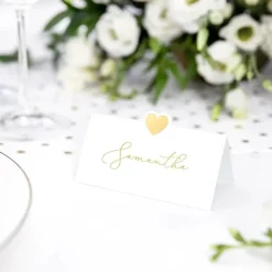 Tischkarten Herz Papier 10 Stück weiß goldfarbig 10x5cm