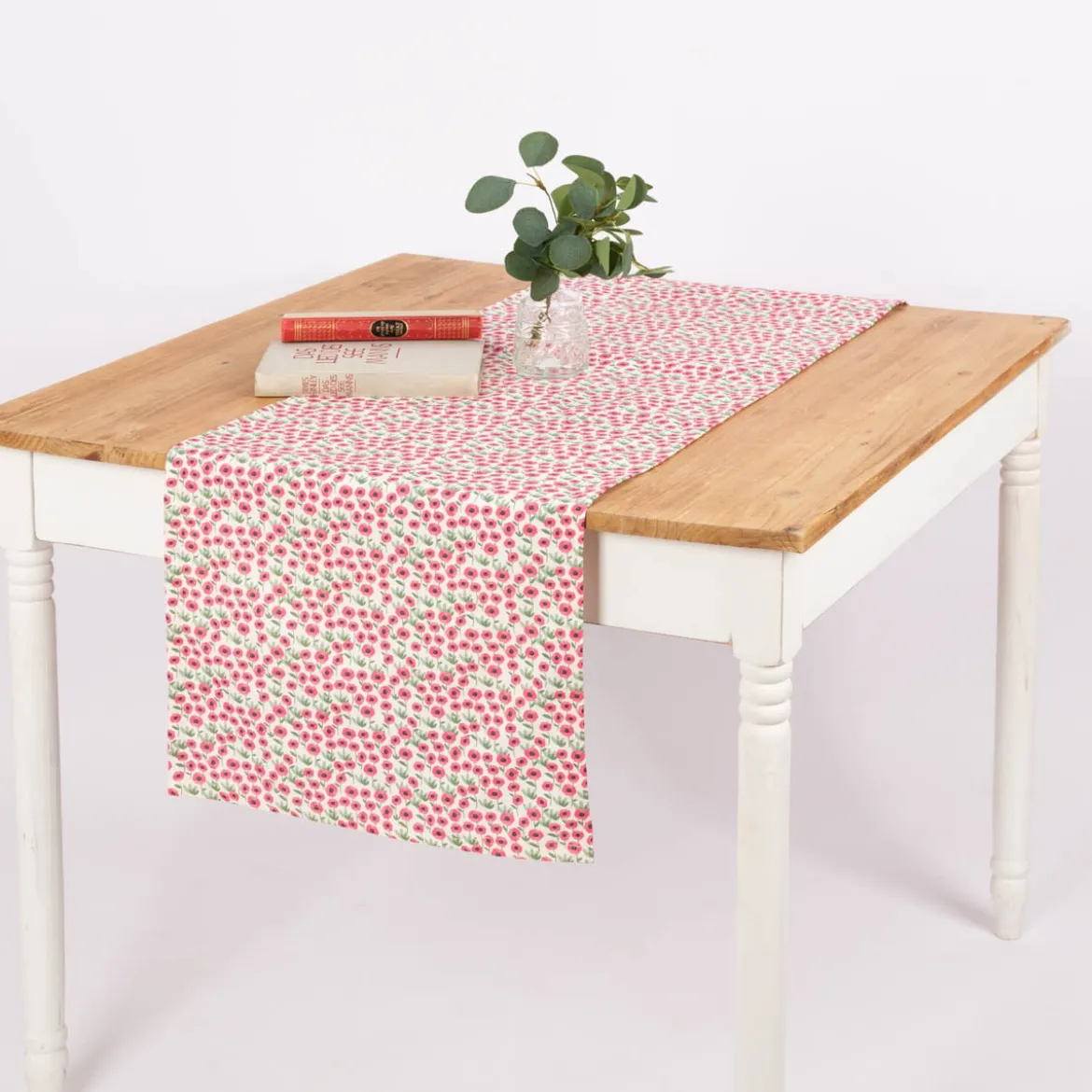 Tischläufer aus Baumwolle mit Mini Blumen weiß pink 40x160cm von SCHÖNER LEBEN.