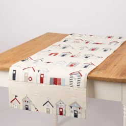 Tischläufer Baumwolle Beach Huts ecru blau rot 40x160cm von SCHÖNER LEBEN.