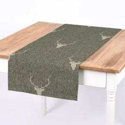 Tischläufer Jacquard Hirschkopf mit Geweih grün beige 40x160cm von SCHÖNER LEBEN.
