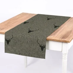 Tischläufer Jacquard Hirschkopf mit Geweih grün dunkelgrün 40x160cm von SCHÖNER LEBEN.