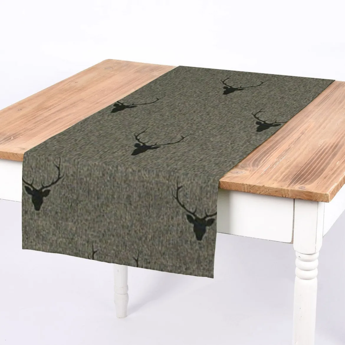 Tischläufer Jacquard Hirschkopf mit Geweih grün dunkelgrün 40x160cm von SCHÖNER LEBEN.
