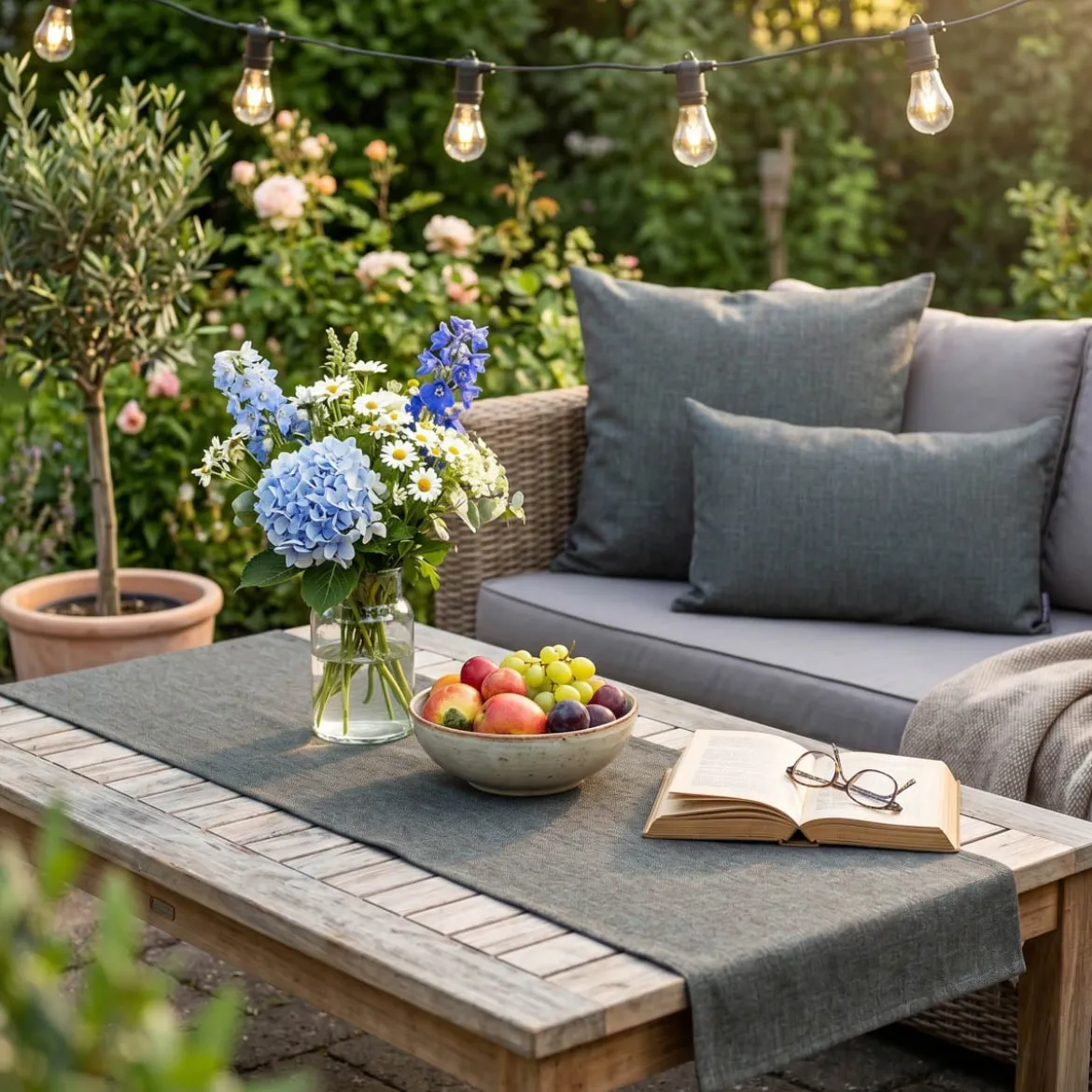 Tischläufer Outdoor Olefina mit Fleckschutz uni Struktur braun türkis meliert 40x160cm von SCHÖNER LEBEN.
