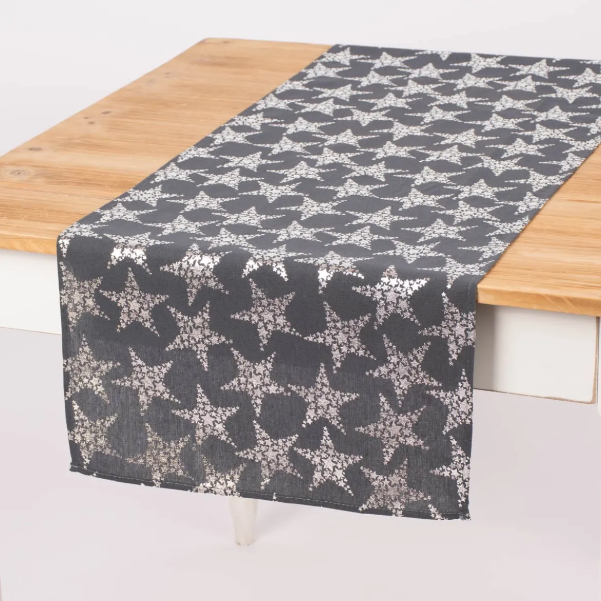 Tischläufer Stars Sterne Foliendruck dunkelgrau silberfarbig 42x150cm