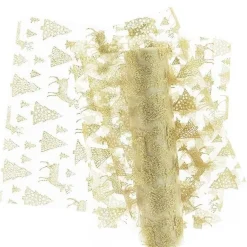 Tischläufer Tischband Organza mit glitzernden Tannen und Hirschen weiß goldfarbig 28x300m
