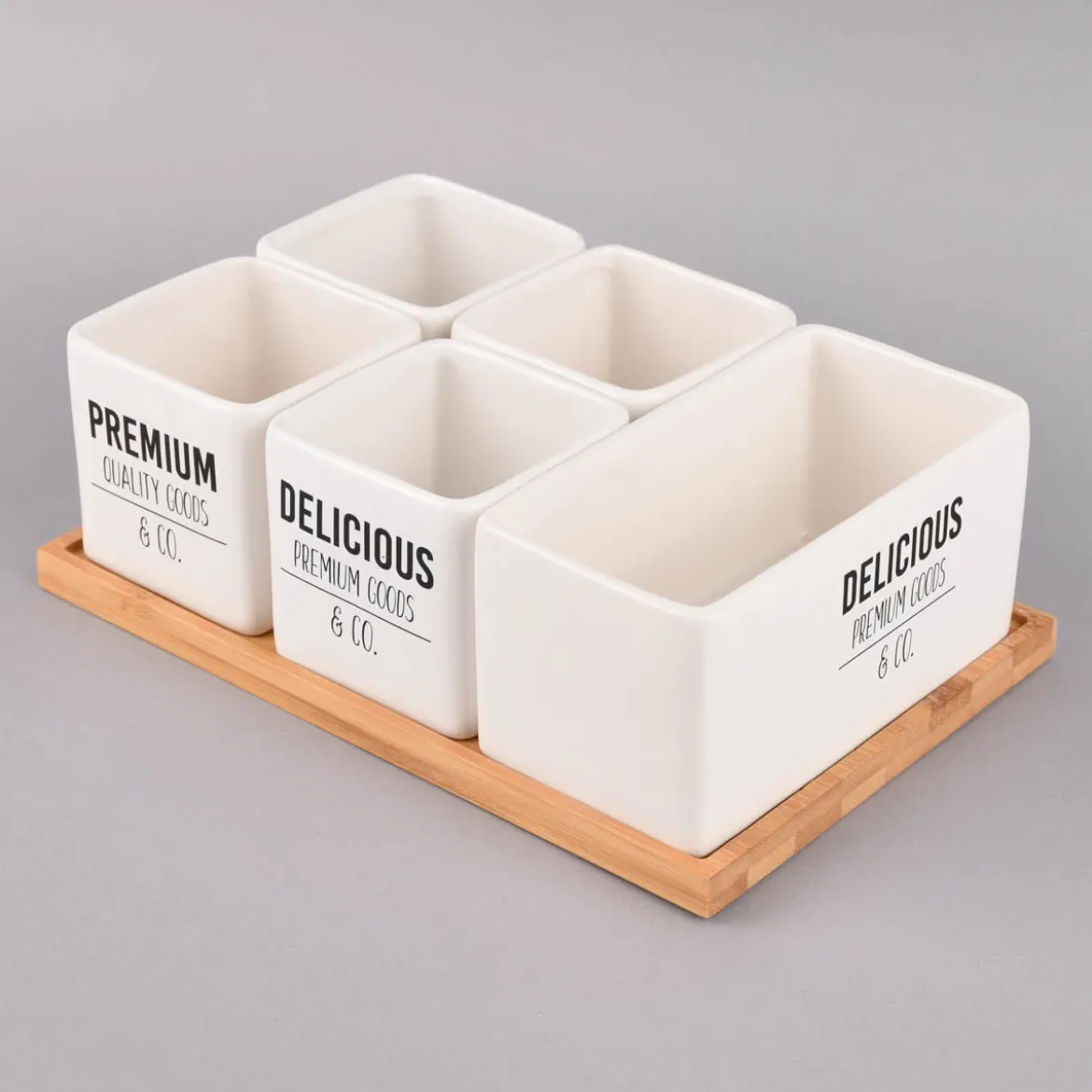 6tlg. Set Keramik Servierschalen mit Tablett aus Bambus weiß natur 27x17,5x9,5cm