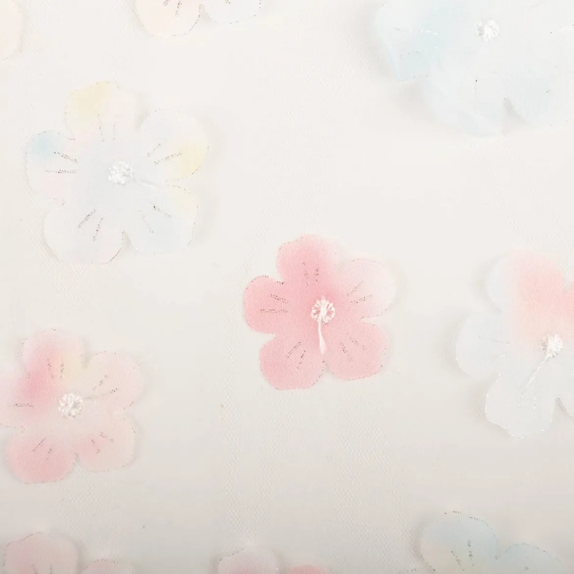 Tüllstoff 3D Blüten mit Perlen weiß hellblau rosa gelb 1,4m Breite