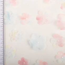 Tüllstoff 3D Blüten mit Perlen weiß hellblau rosa gelb 1,4m Breite