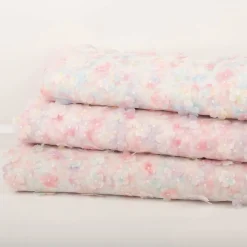 Tüllstoff 3D Blüten mit Perlen weiß rosa flieder gelb 1,4m Breite