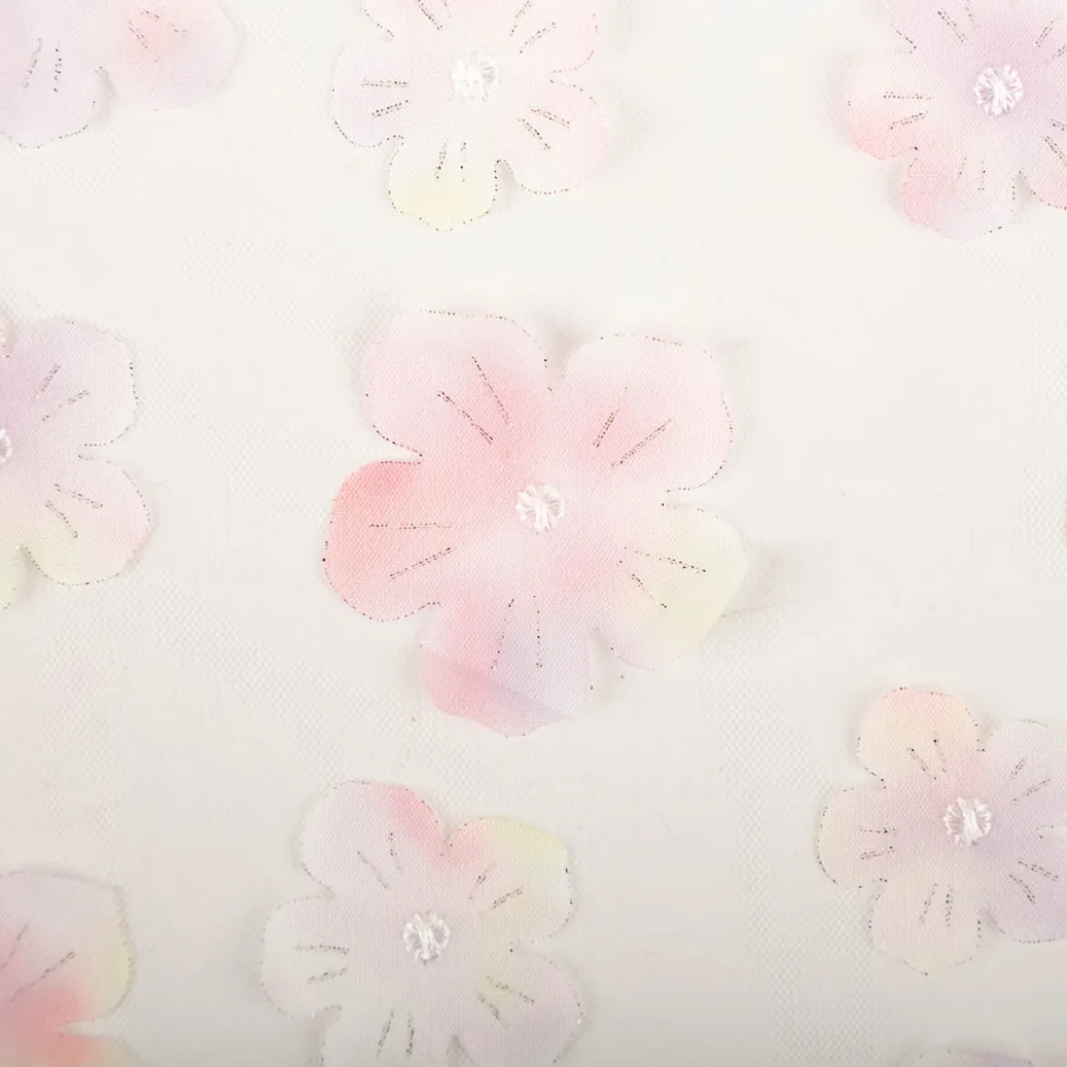 Tüllstoff 3D Blüten mit Perlen weiß rosa flieder gelb 1,4m Breite
